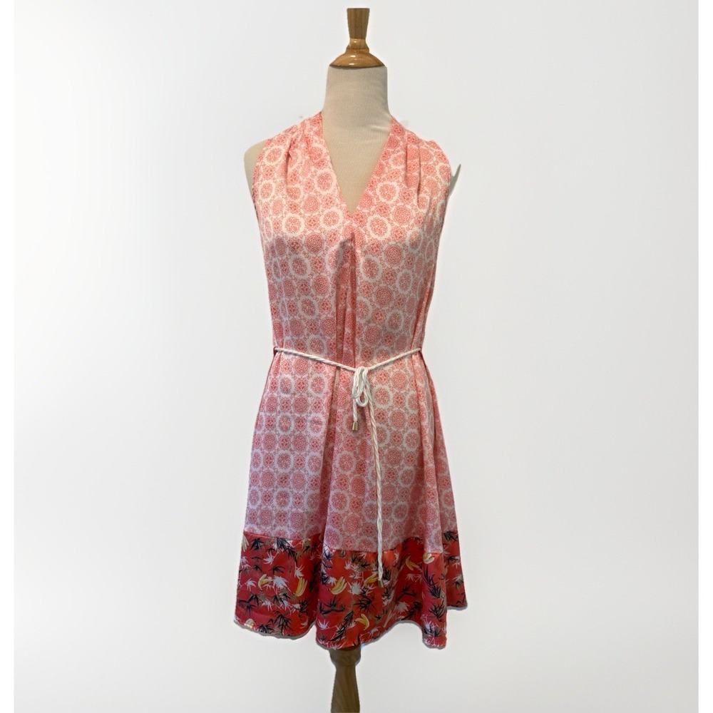 Peter Som Floral Print V Neck Sleeveless Dress Tie Waist Belt Medium